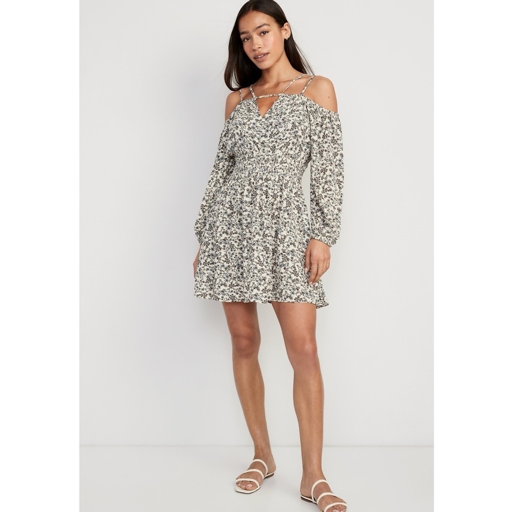 NWT Old Navy Waist-Defined Floral Cold-Shoulder Cutout Smocked Mini Dress Cream